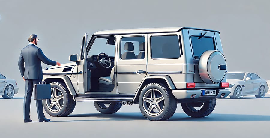 ベンツ ゲレンデに乗車する50代ビジネスマンの画像