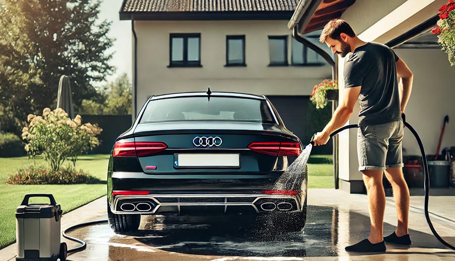 アウディのオーナが自宅で洗車している画像