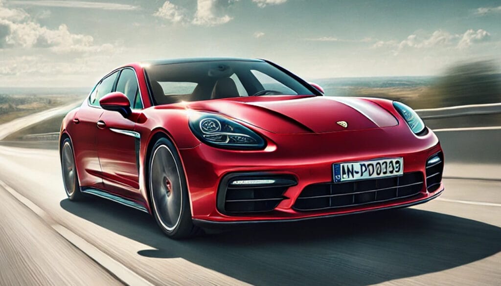 パナメーラ(赤色)がカッコよく高速走行している画像