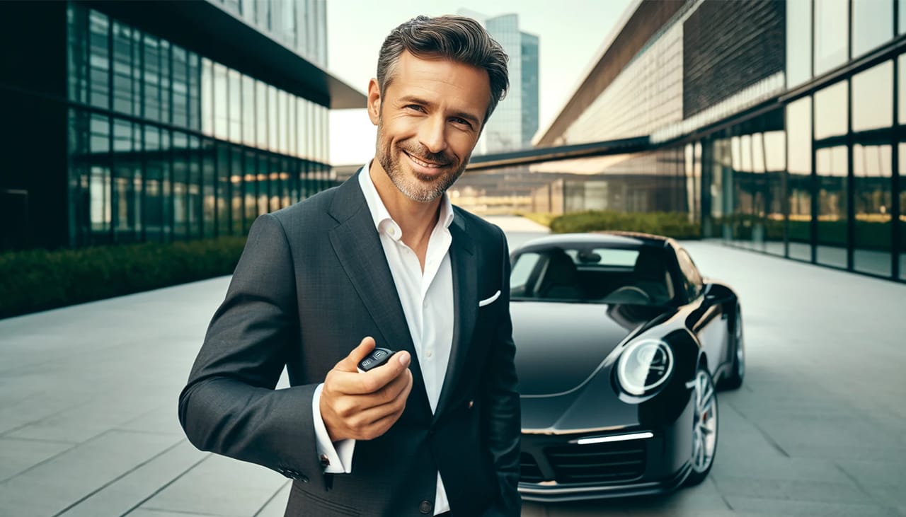 成功者の男性のポルシェオーナーが語っている画像