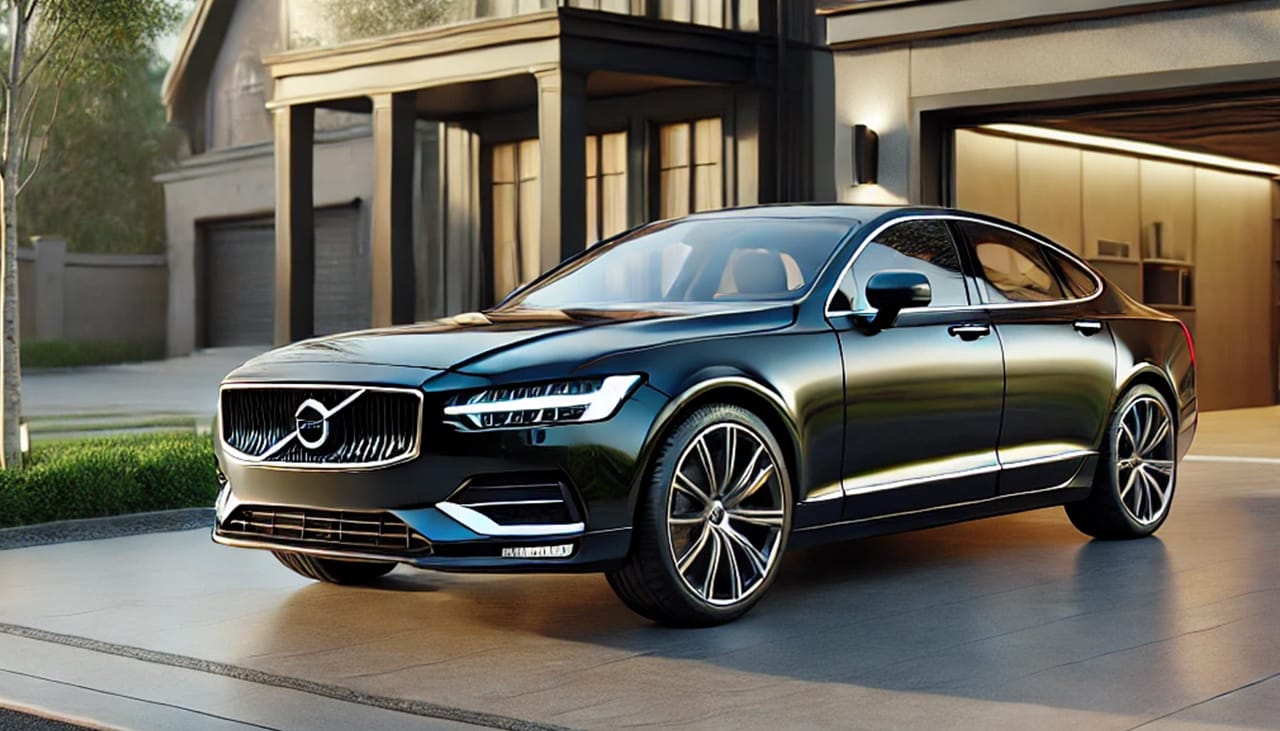 富裕層の自宅にボルボのS90(黒色)がガレージに止まっている画像