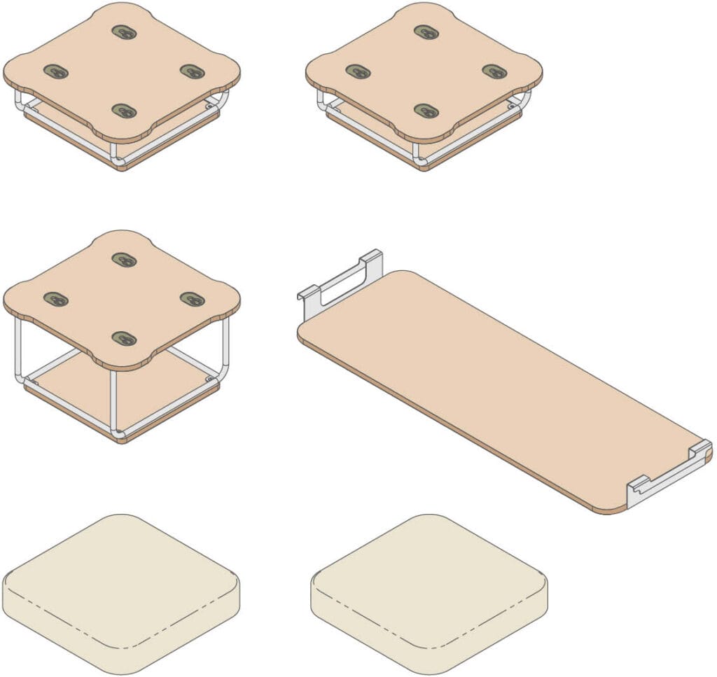セット「フォーカス」家具モジュール(ベースモジュール×2・ベースモジュールラージ・ワークテーブル・クッションモジュール×2)