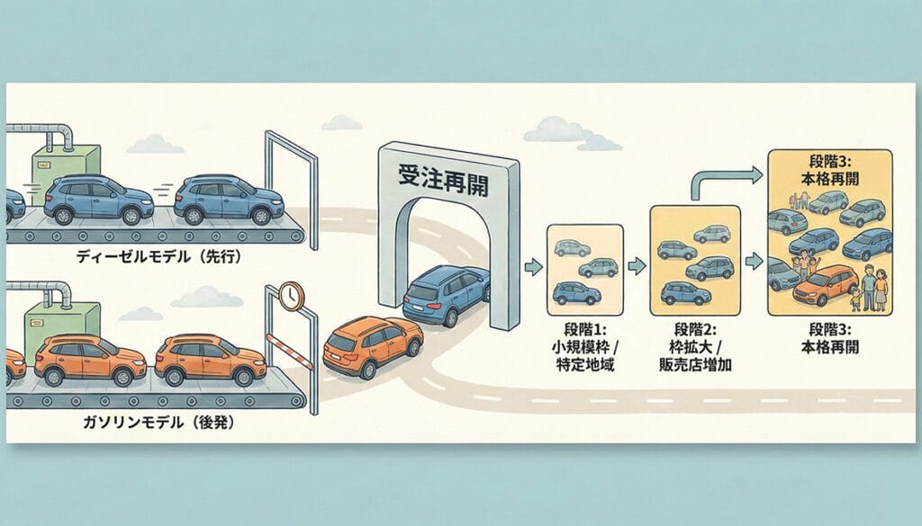 ディーゼルモデル先行で段階的再開の可能性
