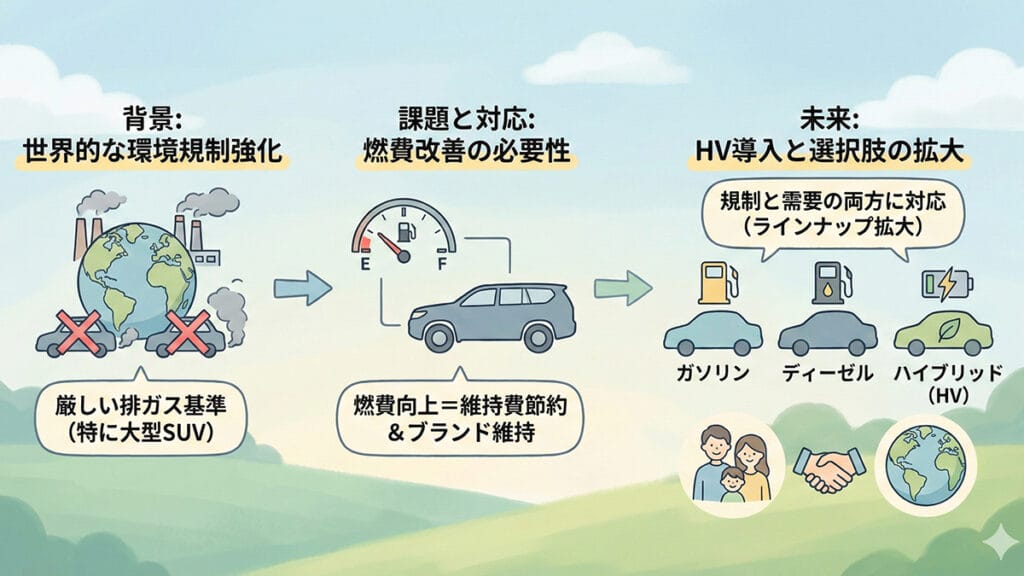 環境規制対応と燃費改善の背景の図解