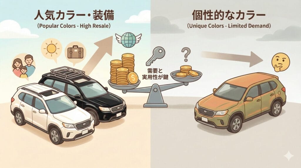 人気カラーや装備がリセールに与える影響の図解