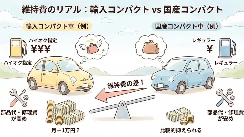 維持費のリアル：ハイオク・修理で国産比月1万円差？の図解