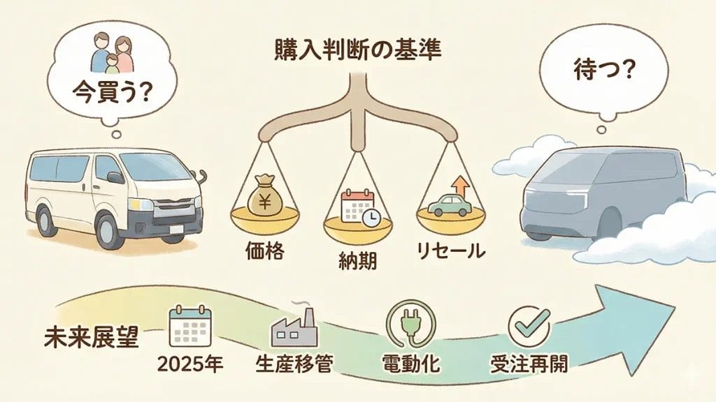 新型ハイエースリーク購入判断と未来展望：価格・納期・リセールの図解