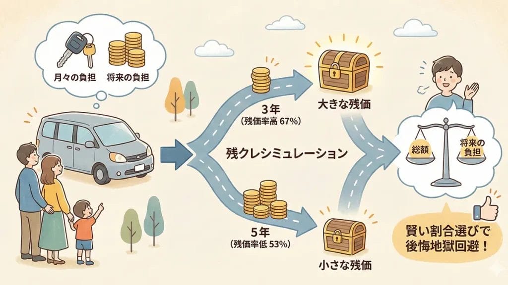 アルファード残クレシミュレーションと後悔地獄回避：残クレしか買えない人の賢い割合選びの図解
