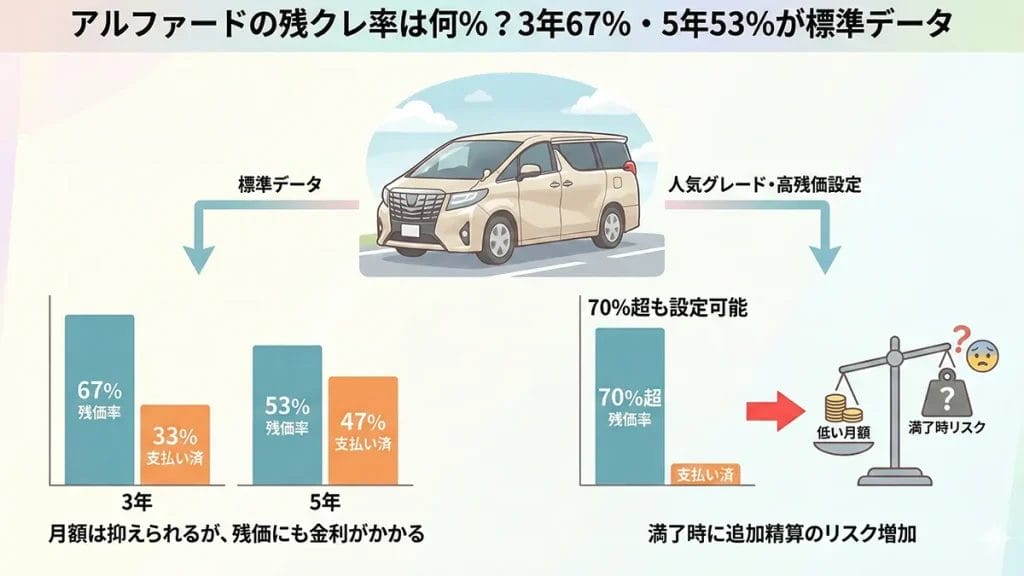 アルファードの残クレ率は何％？3年67％・5年53％が標準データの図解