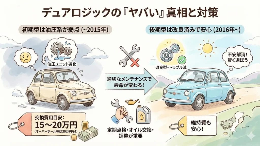 フィアット500-デュアロジックがヤバい？交換費用15–20万円の真相の図解