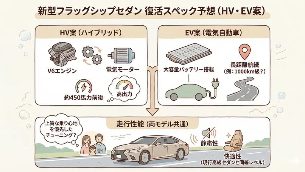 セルシオ復活スペック予想とHV・EV案の図解