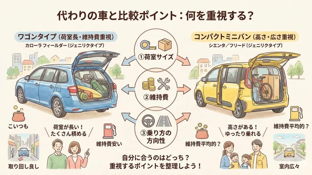 カローラフィールダー代わりの車と比較ポイントの図解