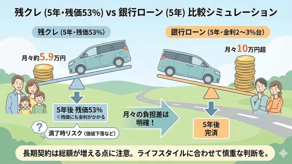 アルファード残クレシミュ：5年53％vs銀行ローン比較の図解